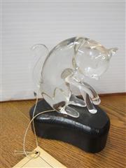 RARE VTG 1983 VICTOR TRABUCCO - FRANCE CRYSTAL CAT ON WOOD BASE FIGURINE